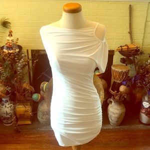 White Ruched One Shoulder Short Sleeve Dress